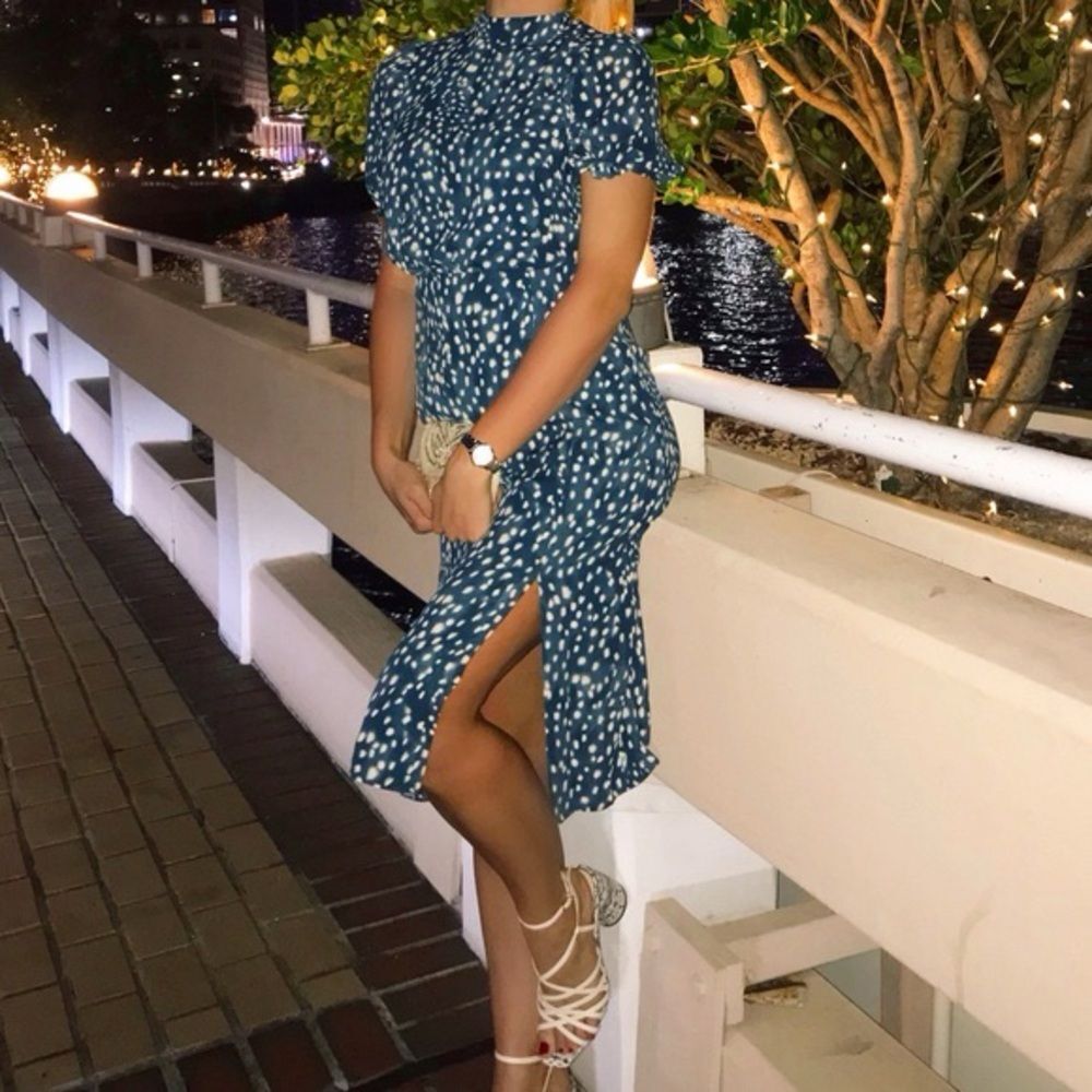 Ann Taylor Blue Polka Dot Long Sleeve Dress